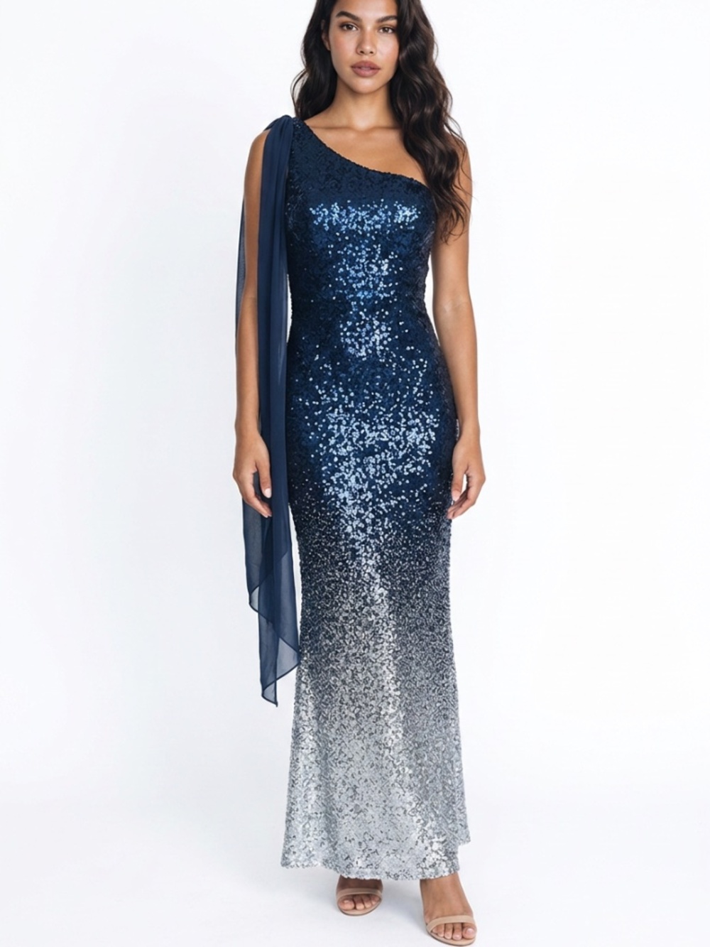 NWT🤩 • Angel Fashions • One Shoulder Sequin Ombre Gown Navy Silver Formal Dress